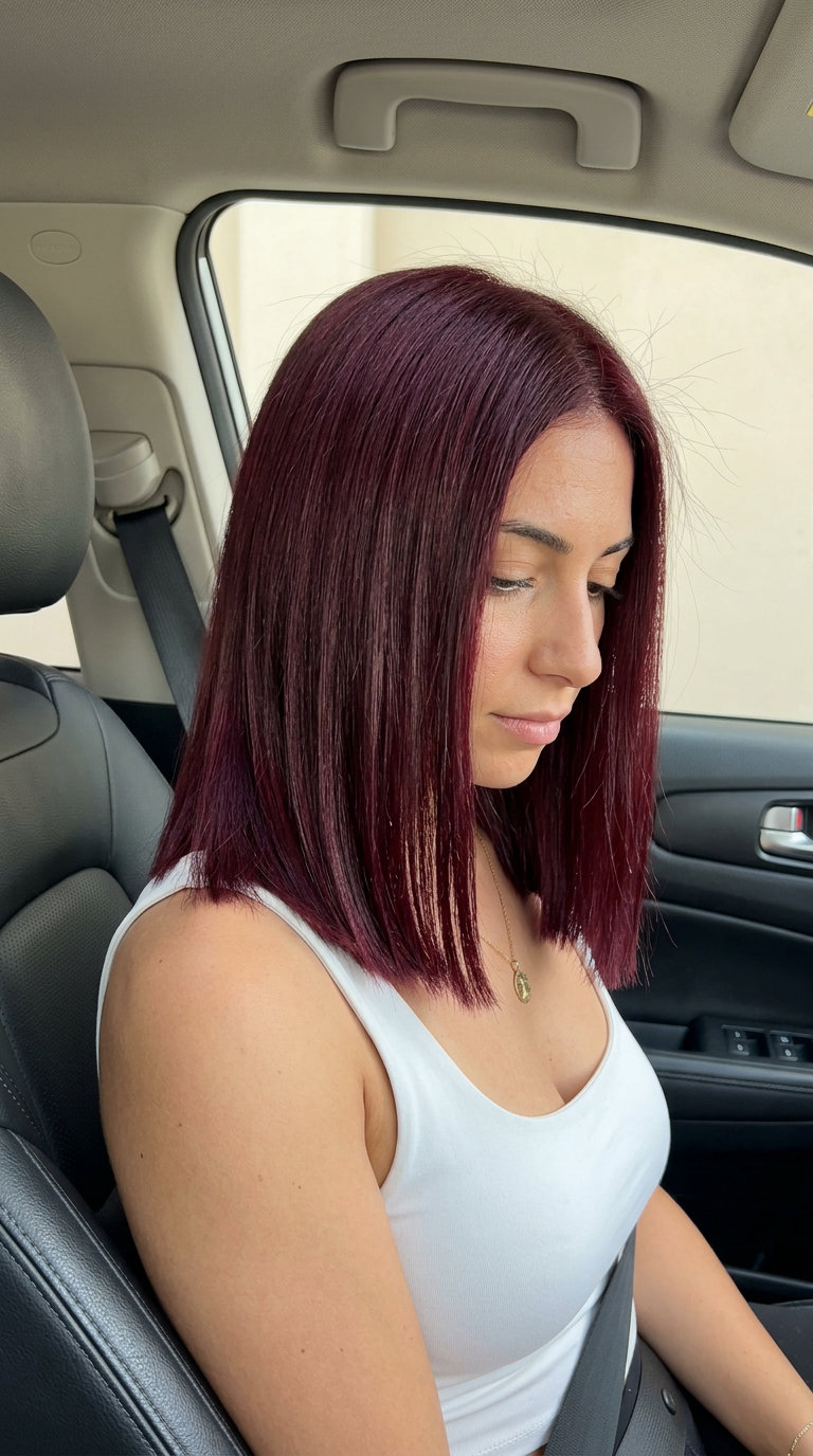 Burgundy Red Hair Color 2026 medium-length burgundy red with plum undertones, blunt cut — bold date night look
