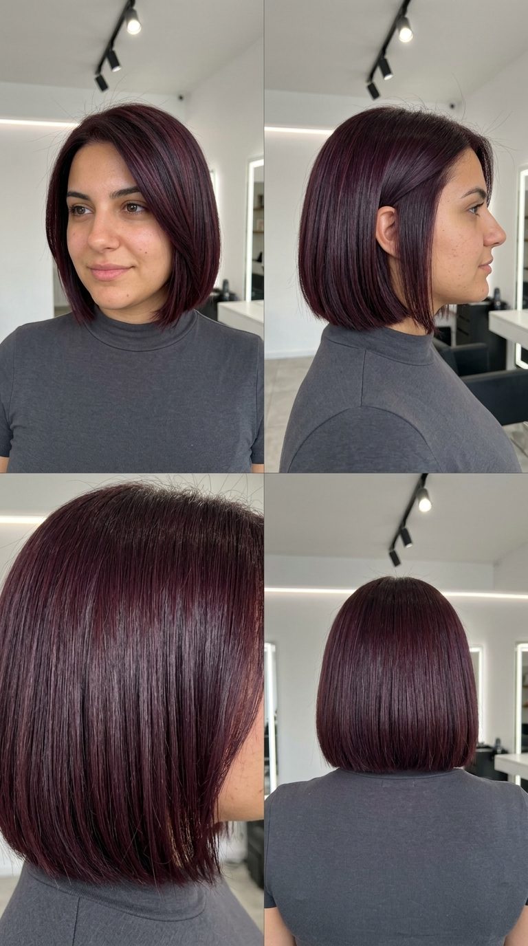 Burgundy Bixie Haircut 2026 short blunt bixie haircut in deep burgundy with plum undertones, no bangs — sophisticated & powerful