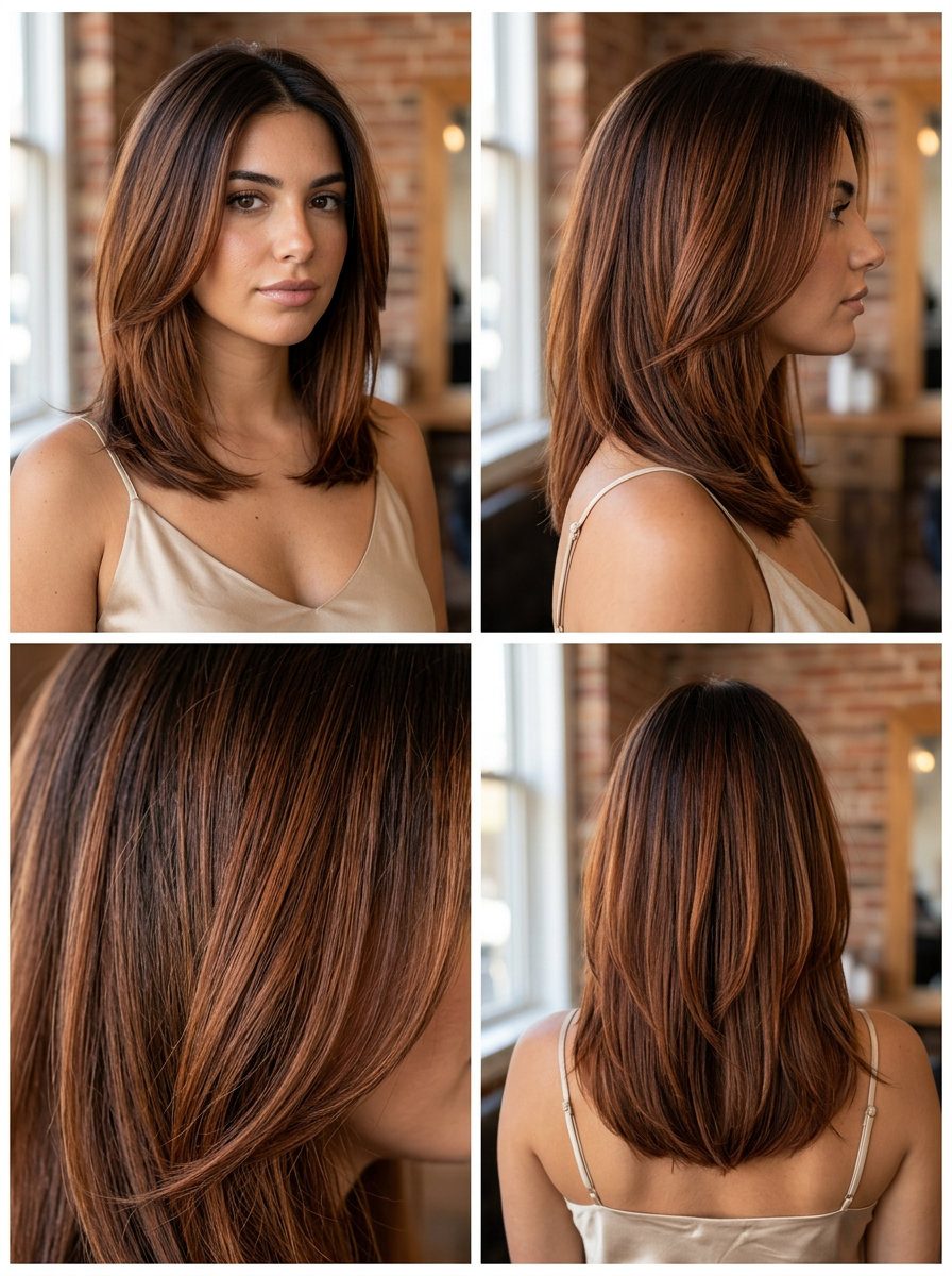 long burnt toffee balayage with deep auburn and warm copper on dark brunette for luxury
