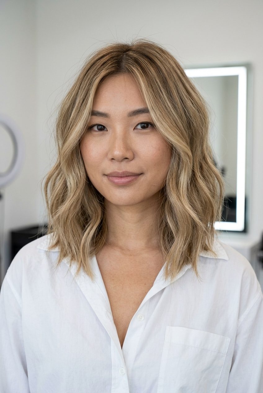 Beachy Butter-Sand Blonde Lob 2026 collarbone-length lob with butter-sand blonde, cool sandy babylights, face-framing — beachy