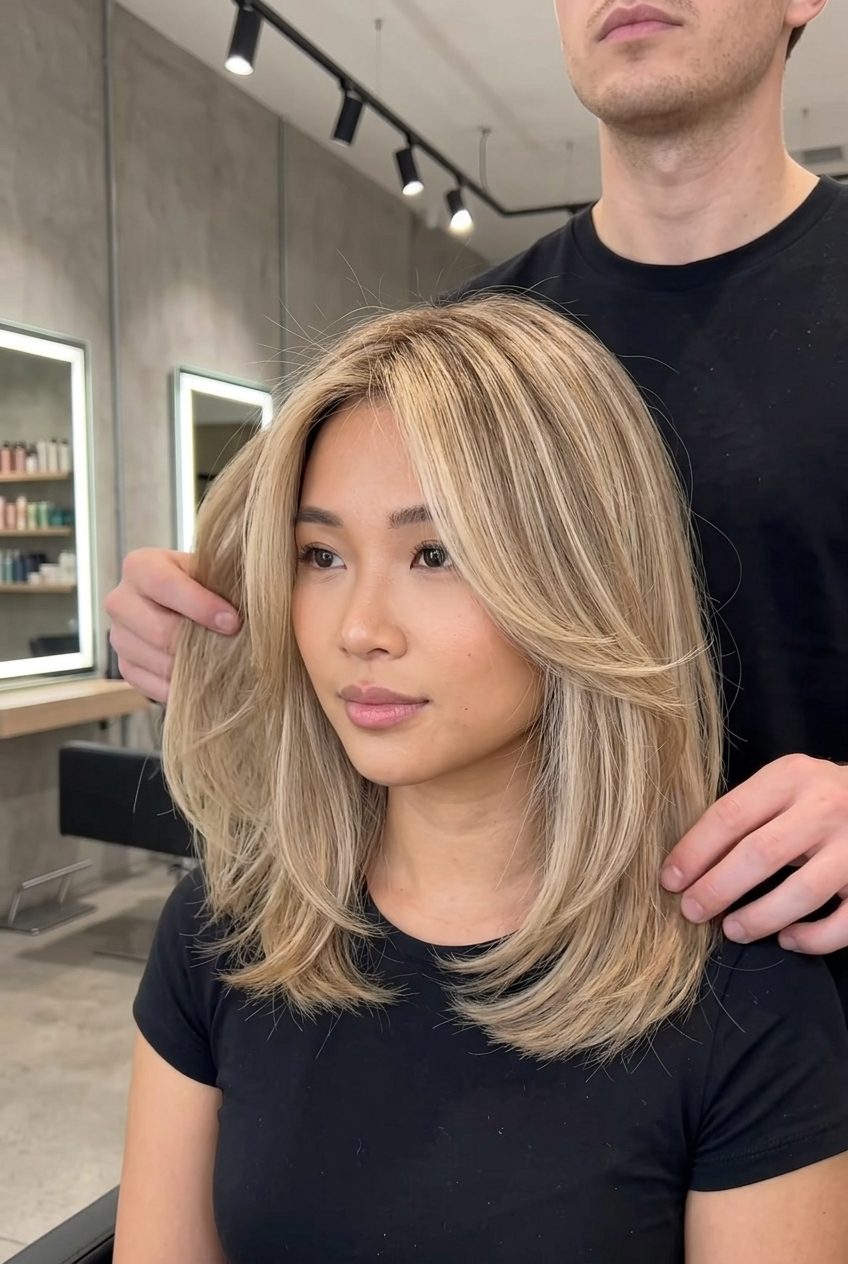 Romantic Butter-Sand Blonde K-Lob 2026 collarbone-length lob with butter-sand blonde, subtle foilyage, soft U-shape back — romantic