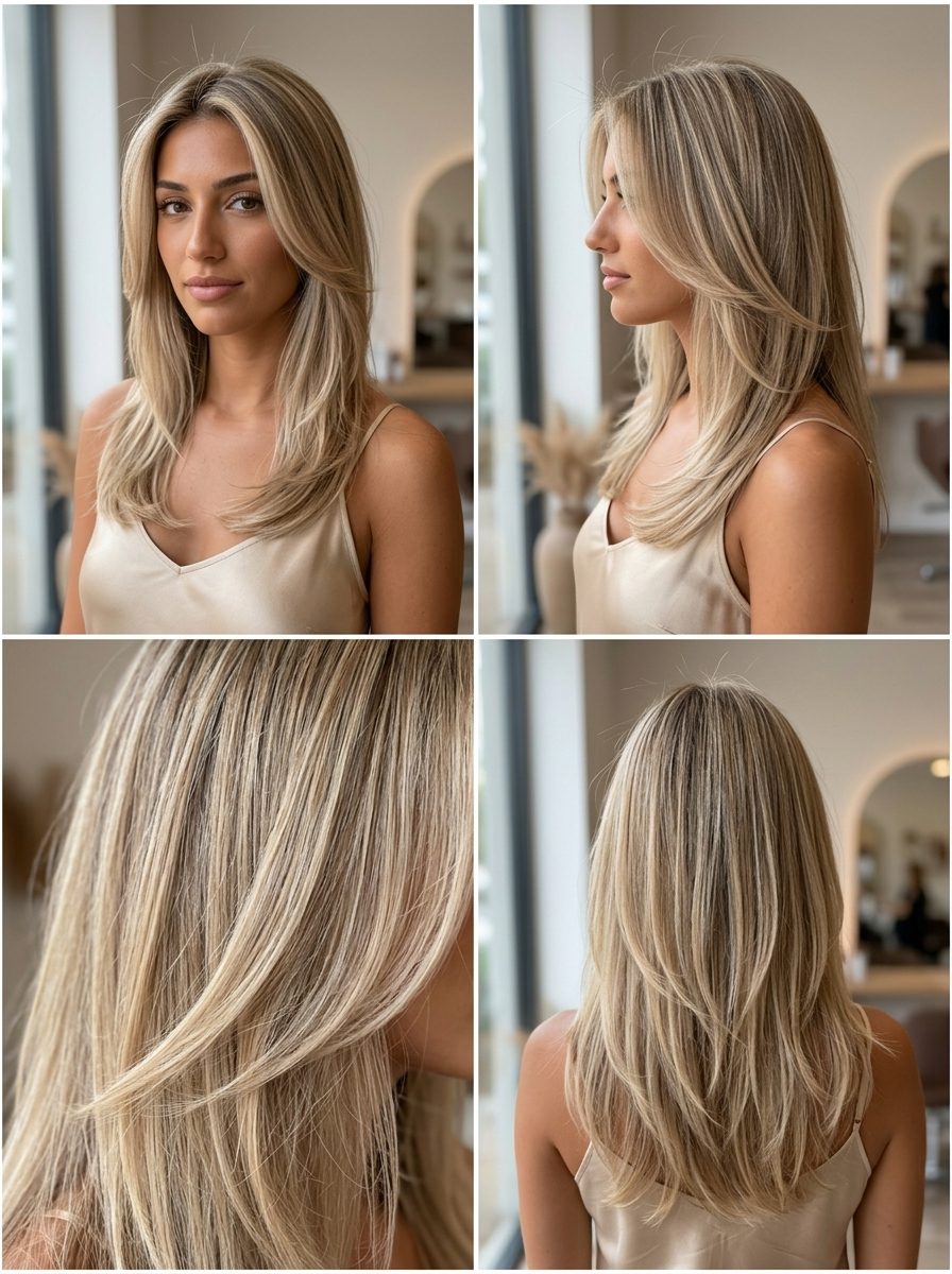 Effortless Butter-Sand Blonde Layers 2026 long layered hair with butter-sand blonde, cool sandy highlights, face-framing — effortless