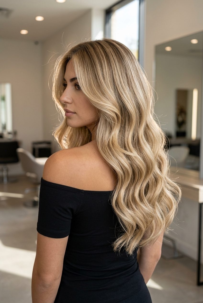 Golden Hour Glamour 2026: Butter-Sand Blonde long butter-sand blonde hair with subtle layers and sculpted waves for glamour