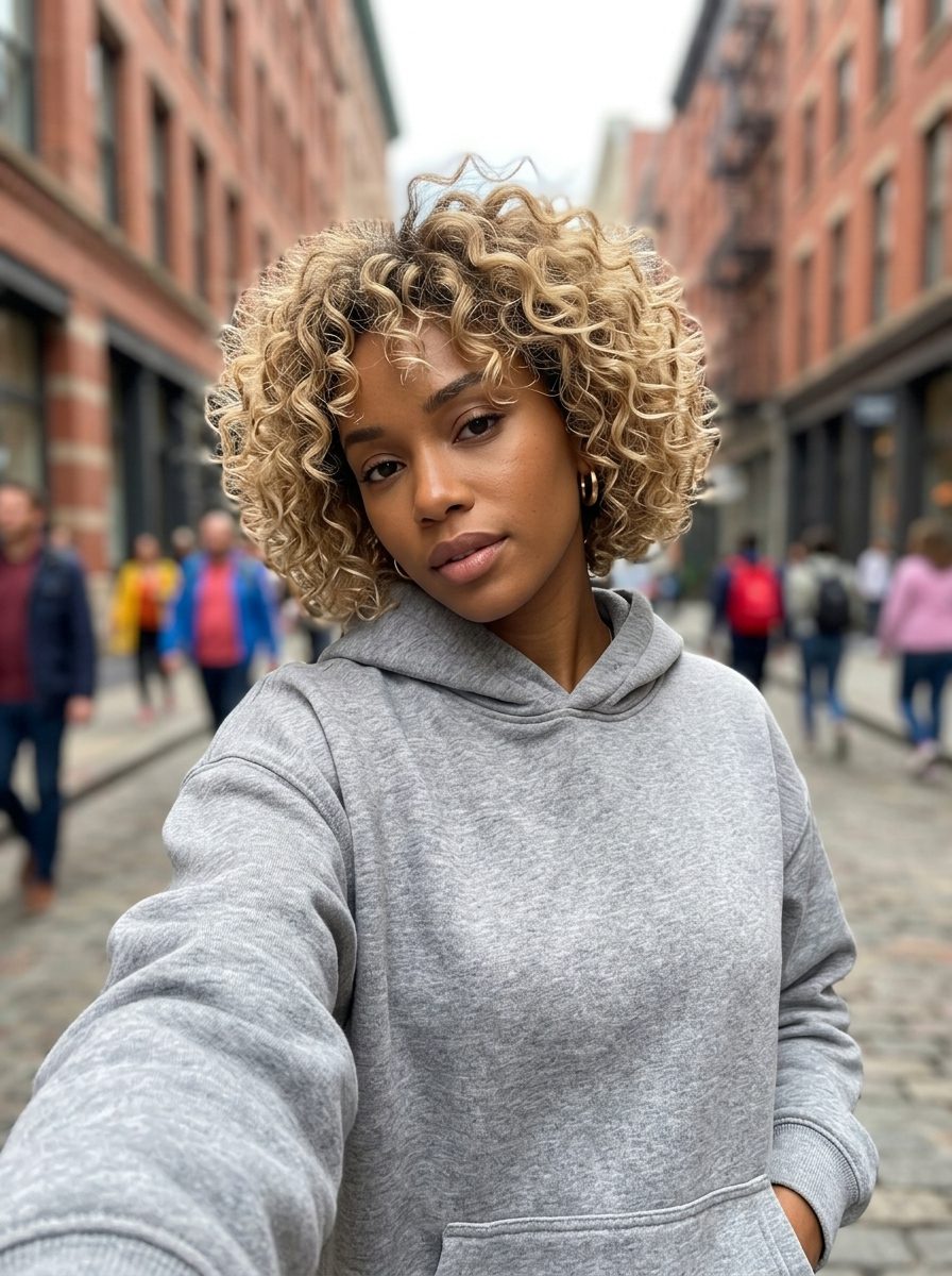 Textured Sandy Curl: Butter-Sand Blonde 2026 shoulder-length layered curly cut in butter-sand blonde with cool sandy highlights for playful vibes