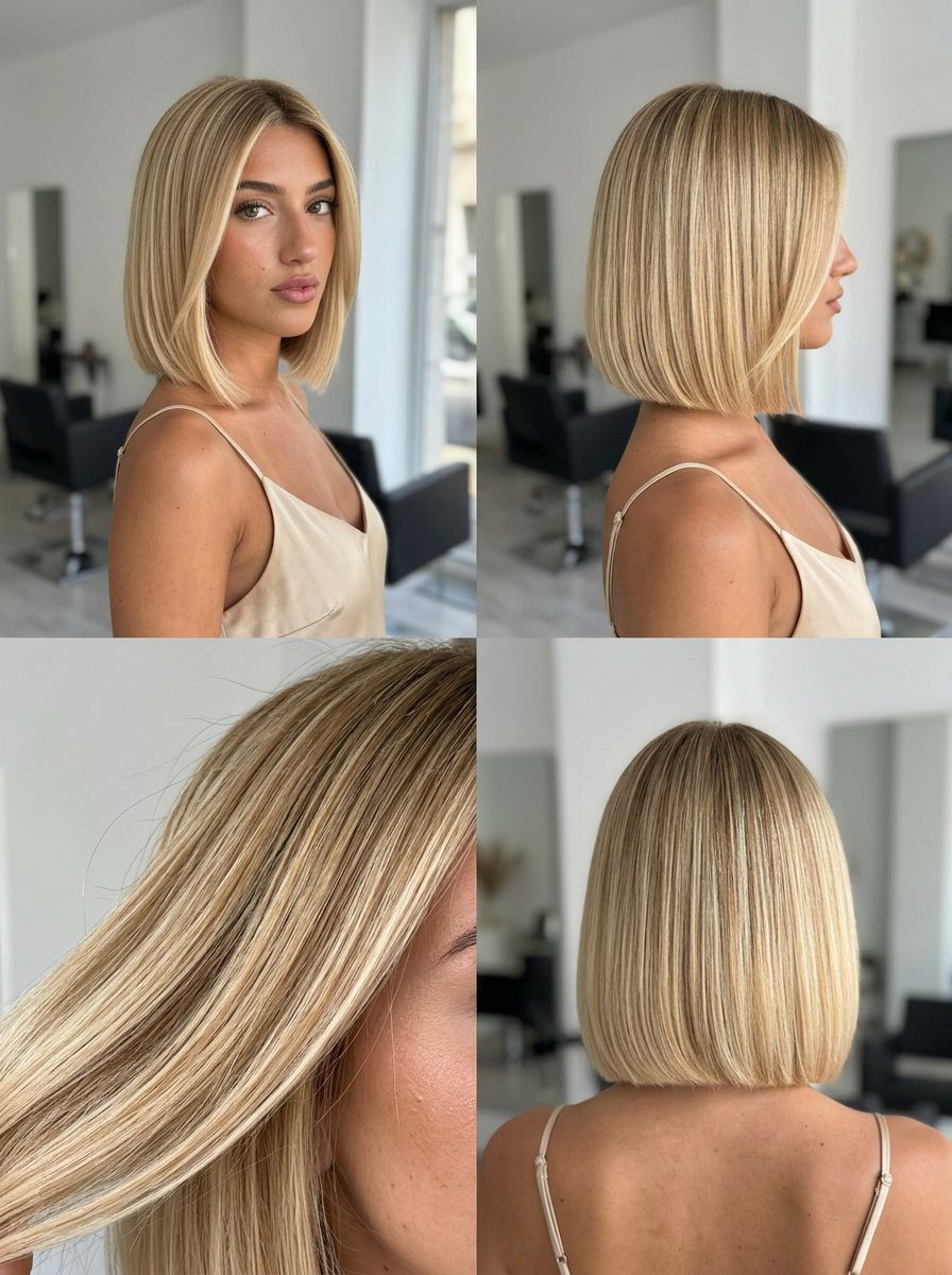 short butter blonde bob with golden undertones and scissor-over-comb cut for professional events