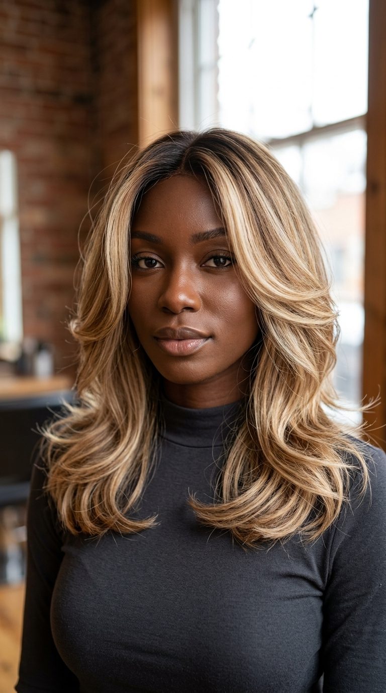 long face-framing layers butter toffee foilyage with golden tan, warm blonde, and dark root for summer 2026