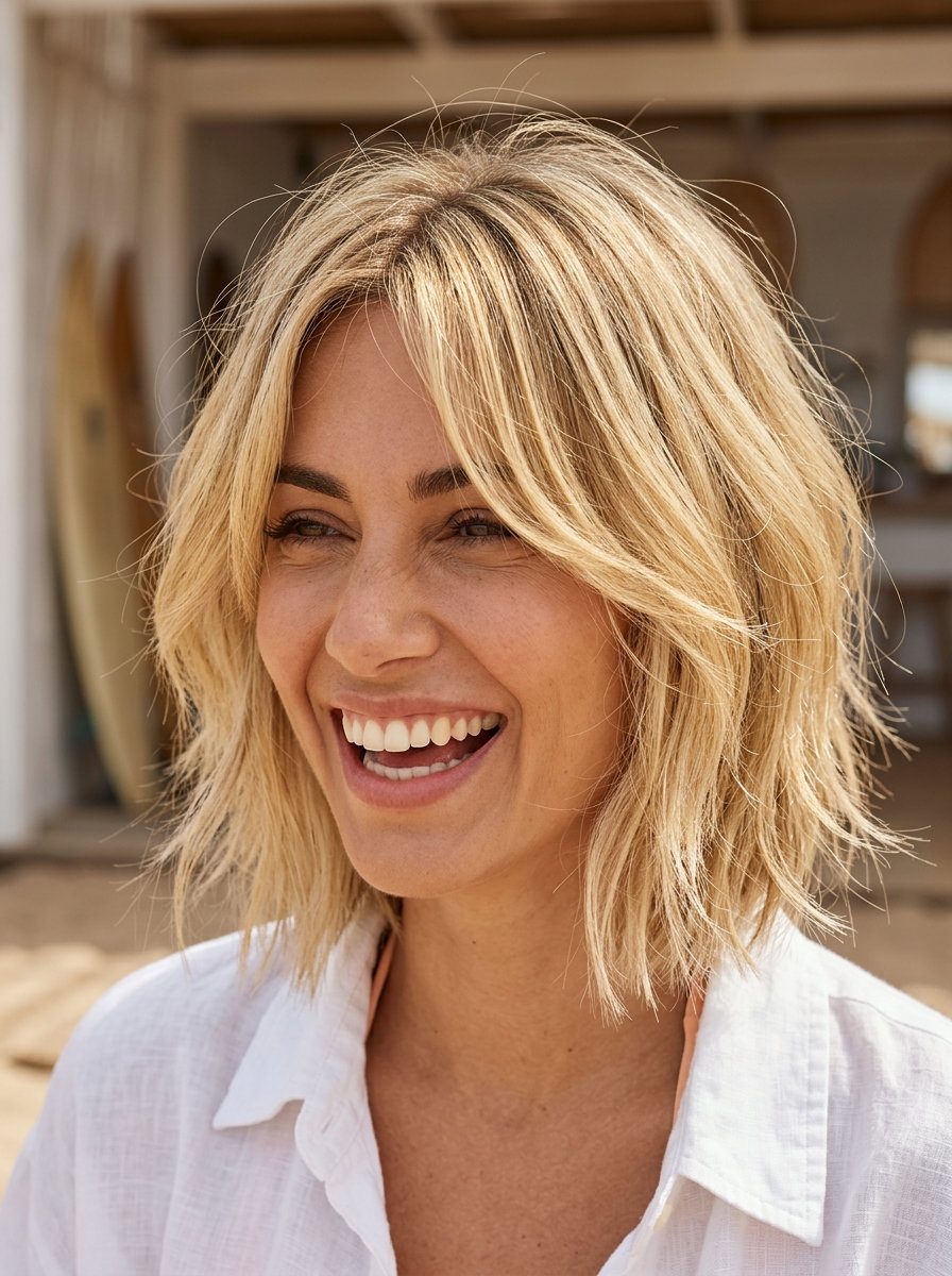 chin-length tousled bob with piecey layers and curtain fringe in buttercream blonde for weekends