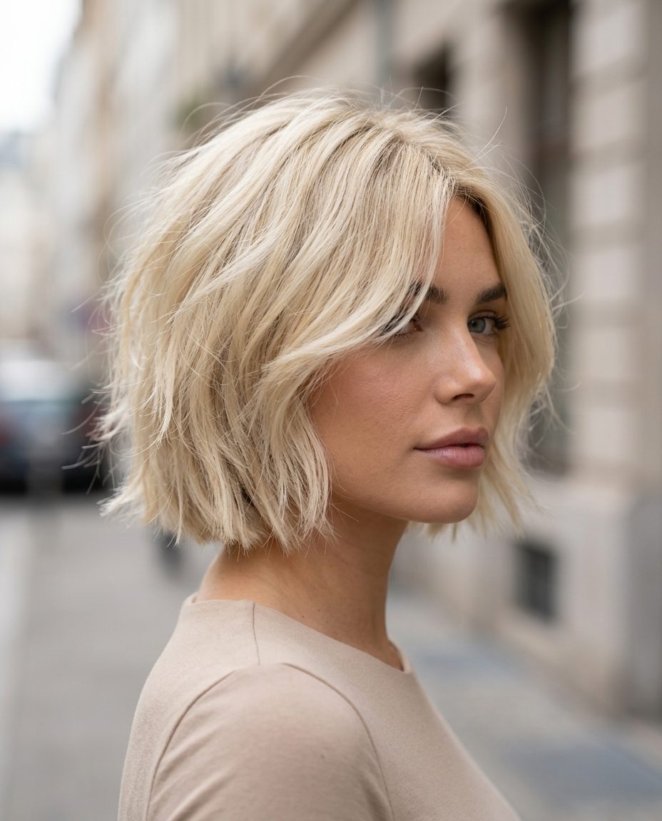 chin-length buttercream blonde wolf cut with vanilla undertones, bob perimeter, razored ends — chic bob