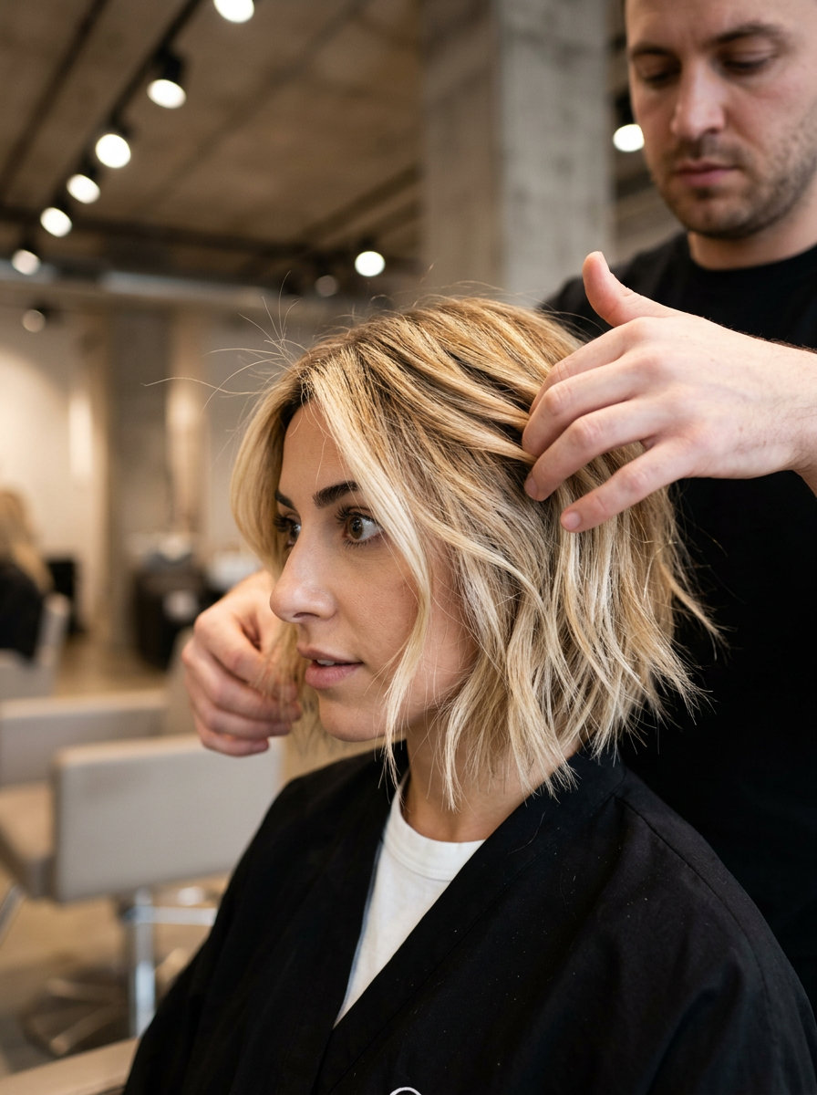 Textured Choppy Bob 2026 collarbone-length bob haircut with buttercream blonde, choppy layers, face-framing pieces — playful edgy