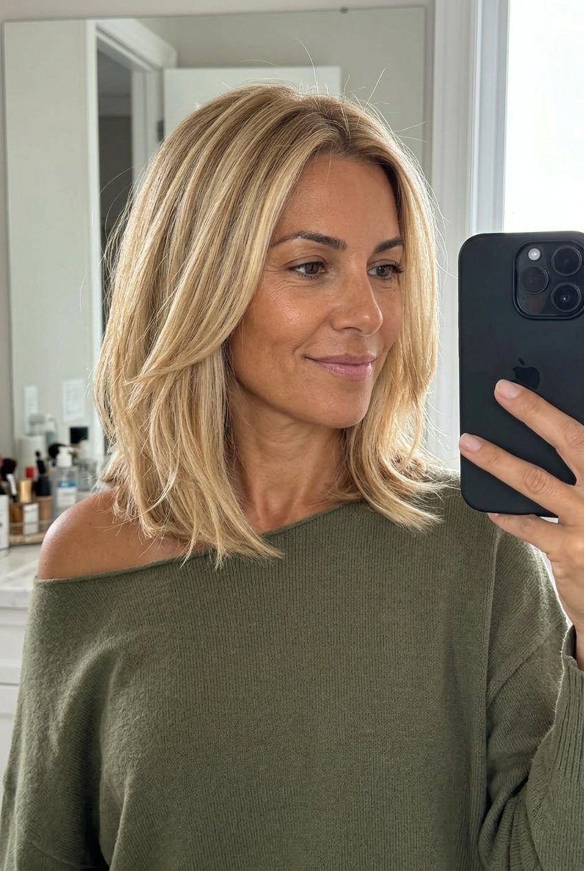 collarbone-length lob with buttercream blonde, honey lowlights, and vanilla root smudge for soft youthfulness