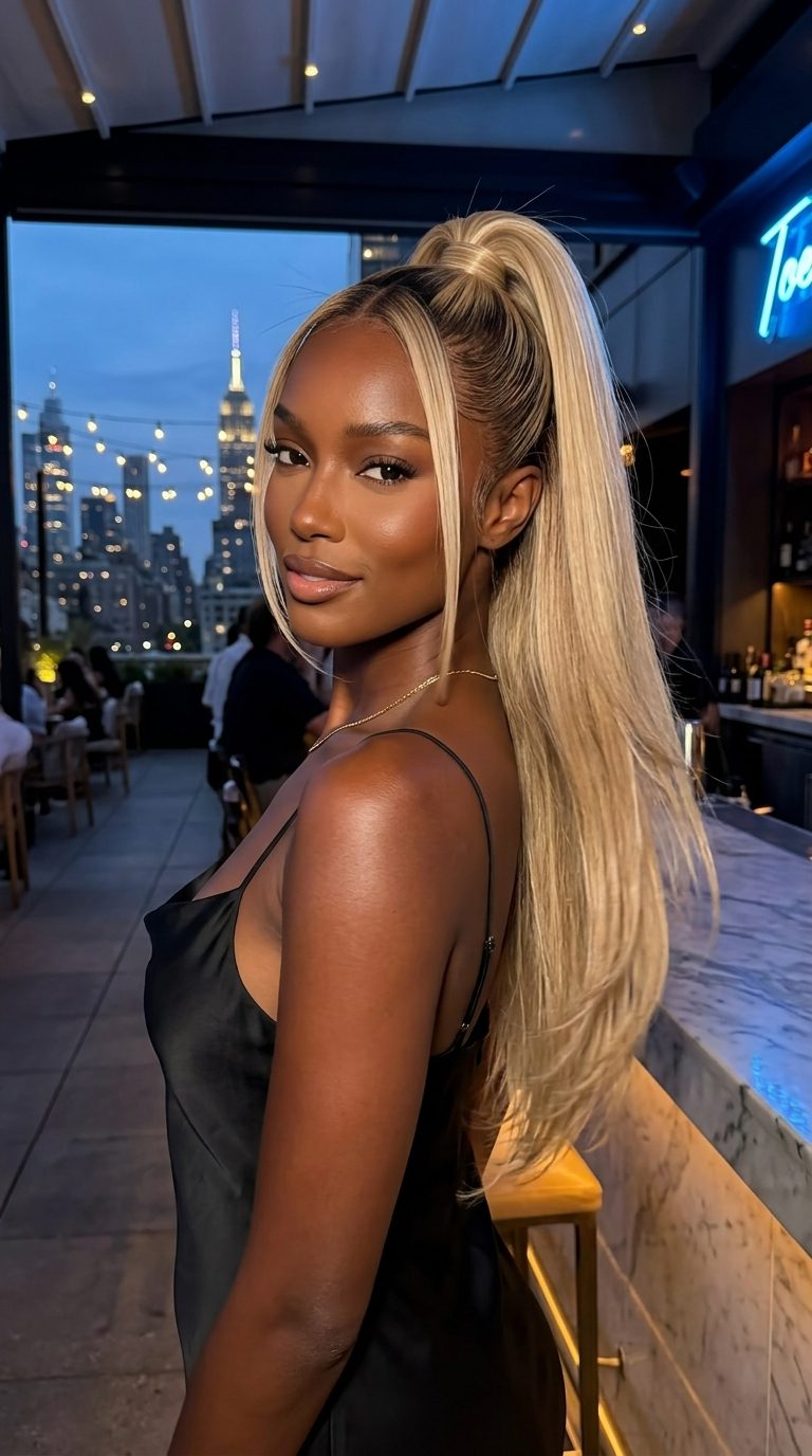 long blunt cut ponytail 2026 with buttercream blonde, vanilla highlights, root shadow — bold glamorous