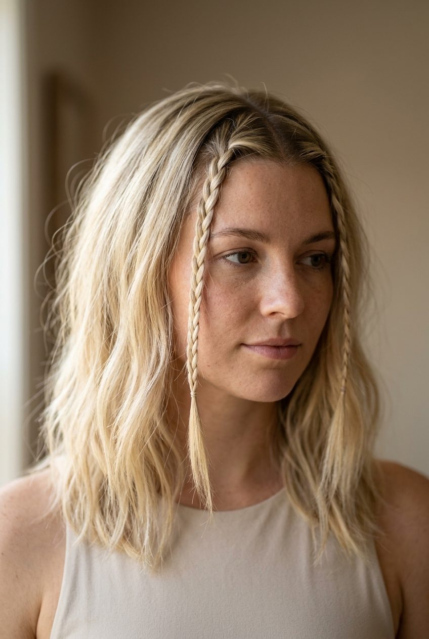 long warm buttercream blonde baby braids with honey babylights, three-strand braid, playful nostalgic