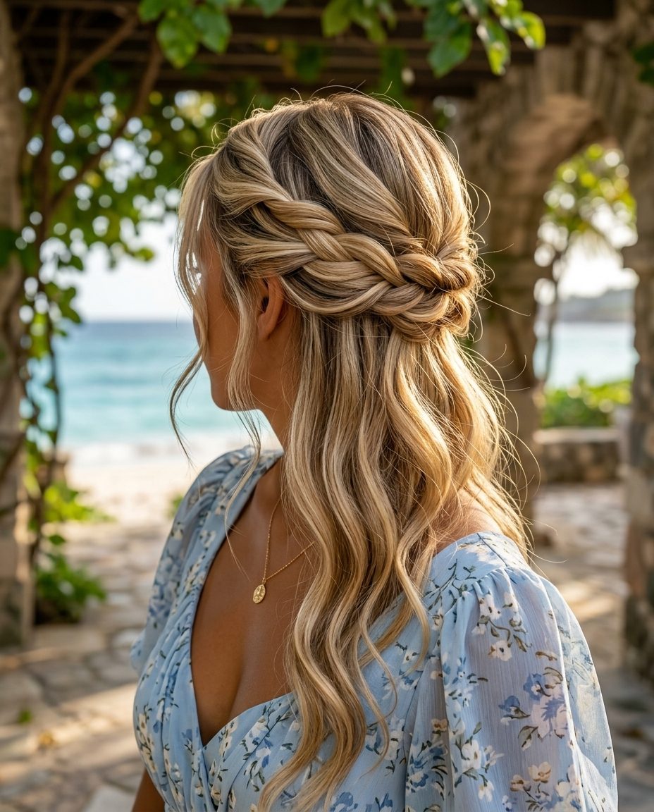 long buttercream blonde twisted half-up crown with soft waves for summer 2026