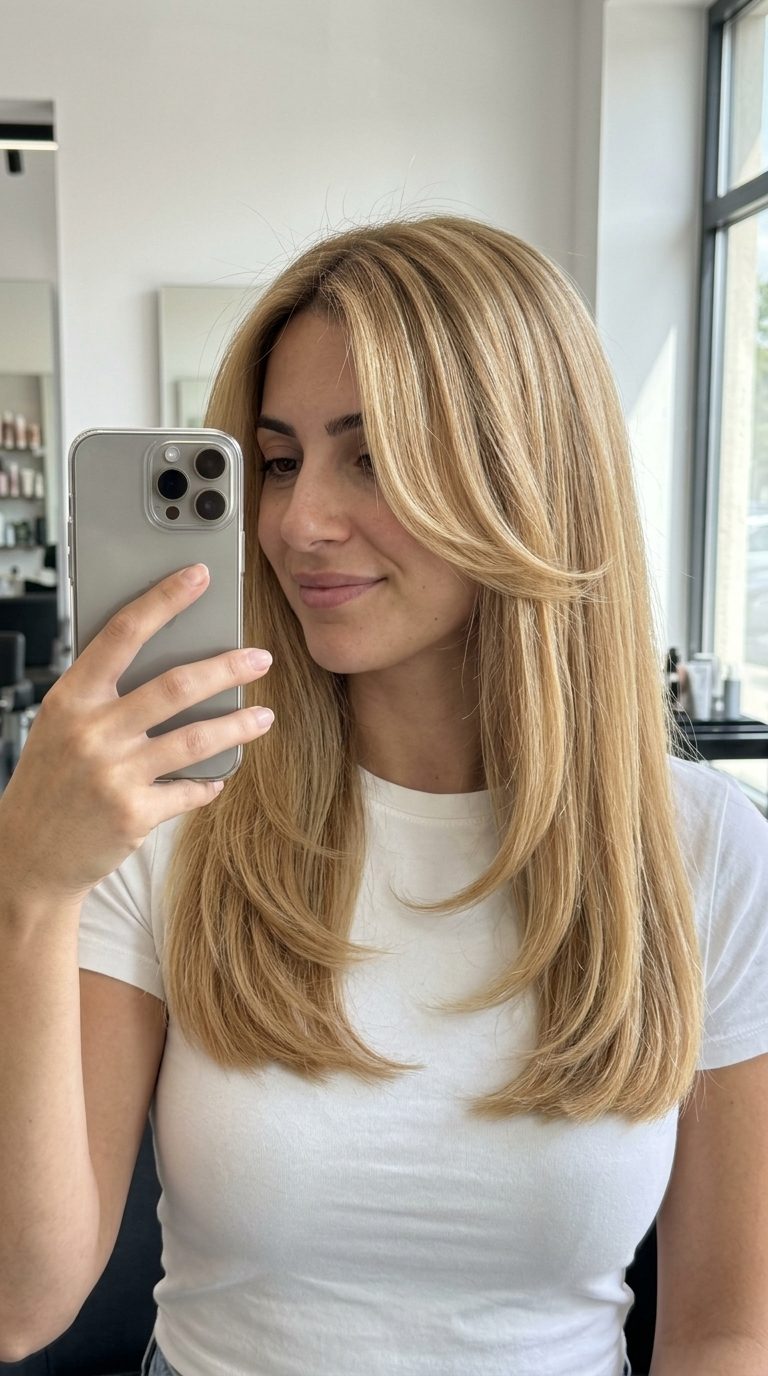 long buttercream blonde haircut with honey lowlights and inward curving face-framing layers for summer
