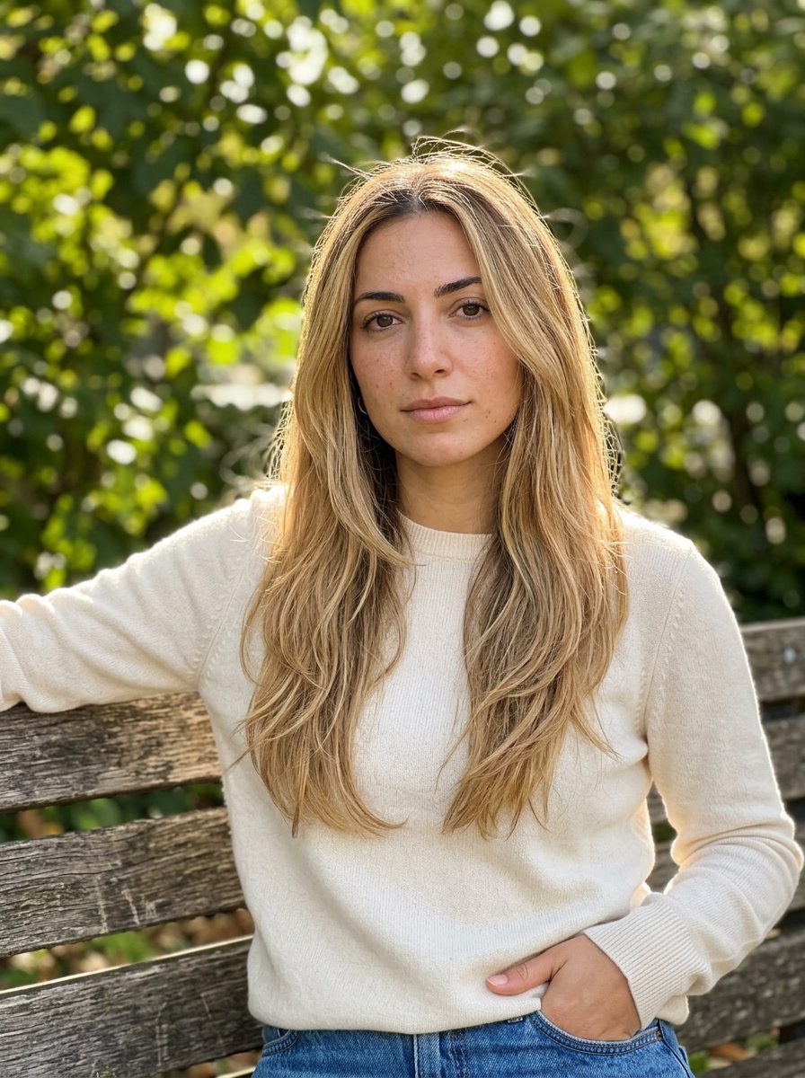 long layered haircut in buttercream blonde with honey highlights, soft U-cut back, face-framing layers — soft bohemian