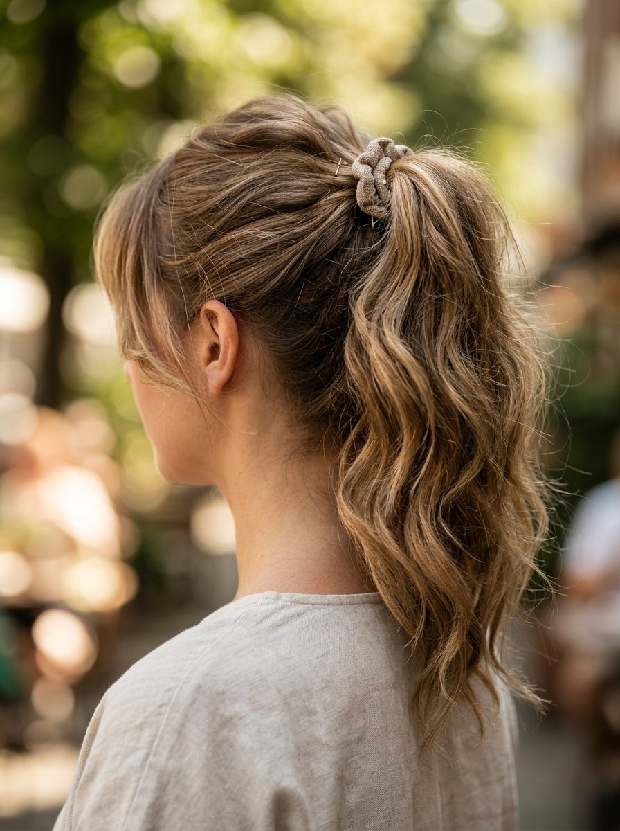 long buttercream blonde ponytail with golden babylights, face-framing pieces, for brunch