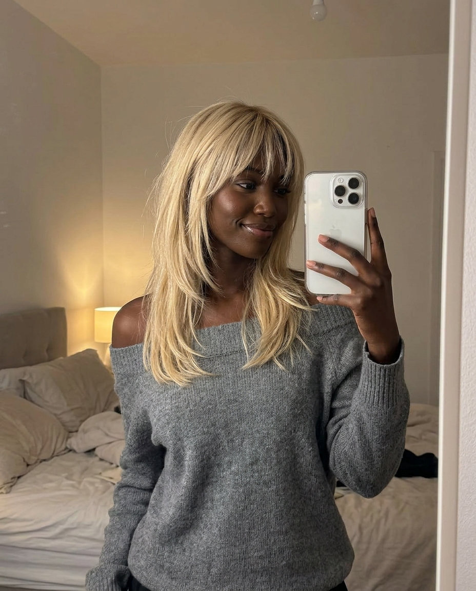 Buttercream Blonde Summer Shag 2026 long shag haircut with buttercream blonde, razored layers, feathered bangs — playful bohemian