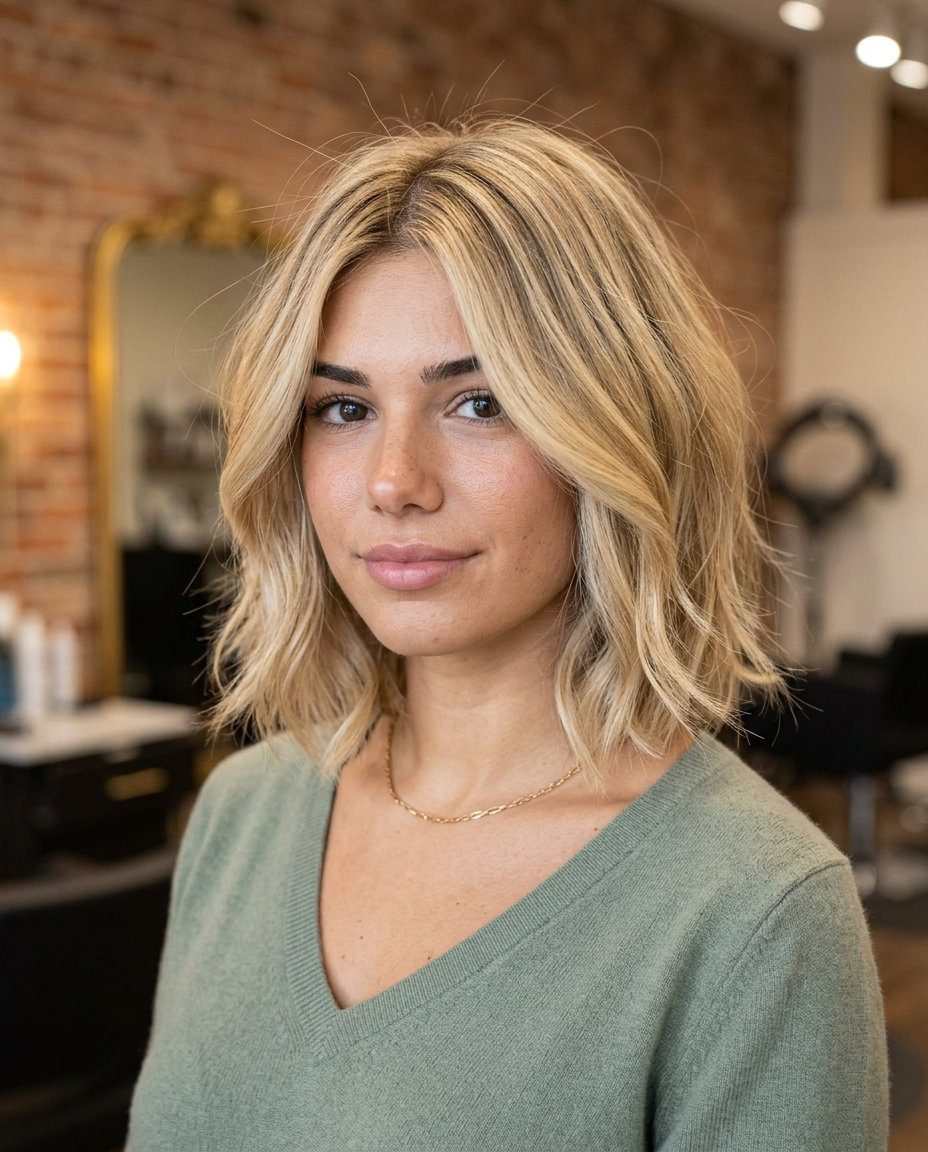 Honey Blonde Bob 2026: Romantic Summer Waves medium bob haircut with buttercream blonde, honey babylights, and soft root shadow for summer