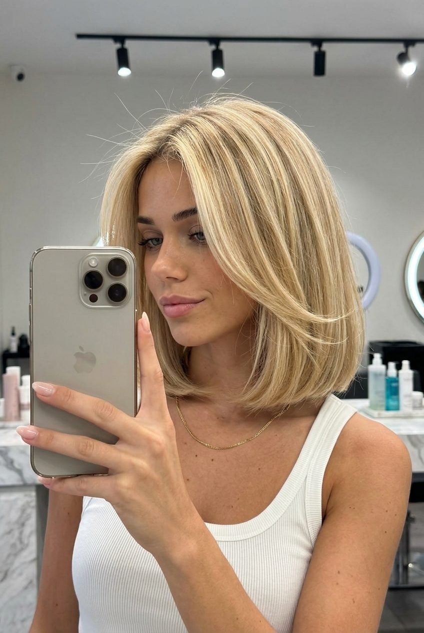 neck-grazing Italian bob haircut in warm buttercream blonde with golden lowlights, blunt perimeter, minimal layers — romantic chic