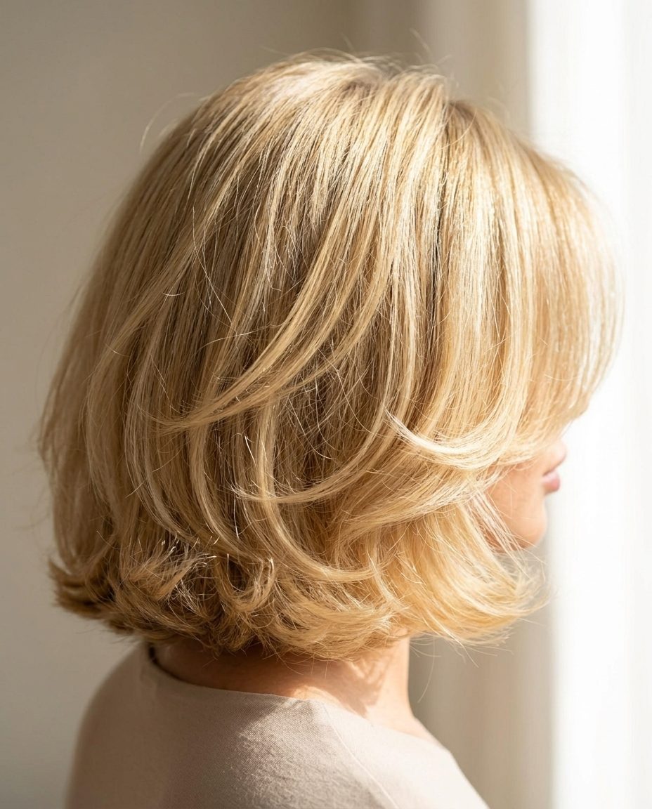 short bob haircut with warm buttercream blonde and honey babylights for playful look