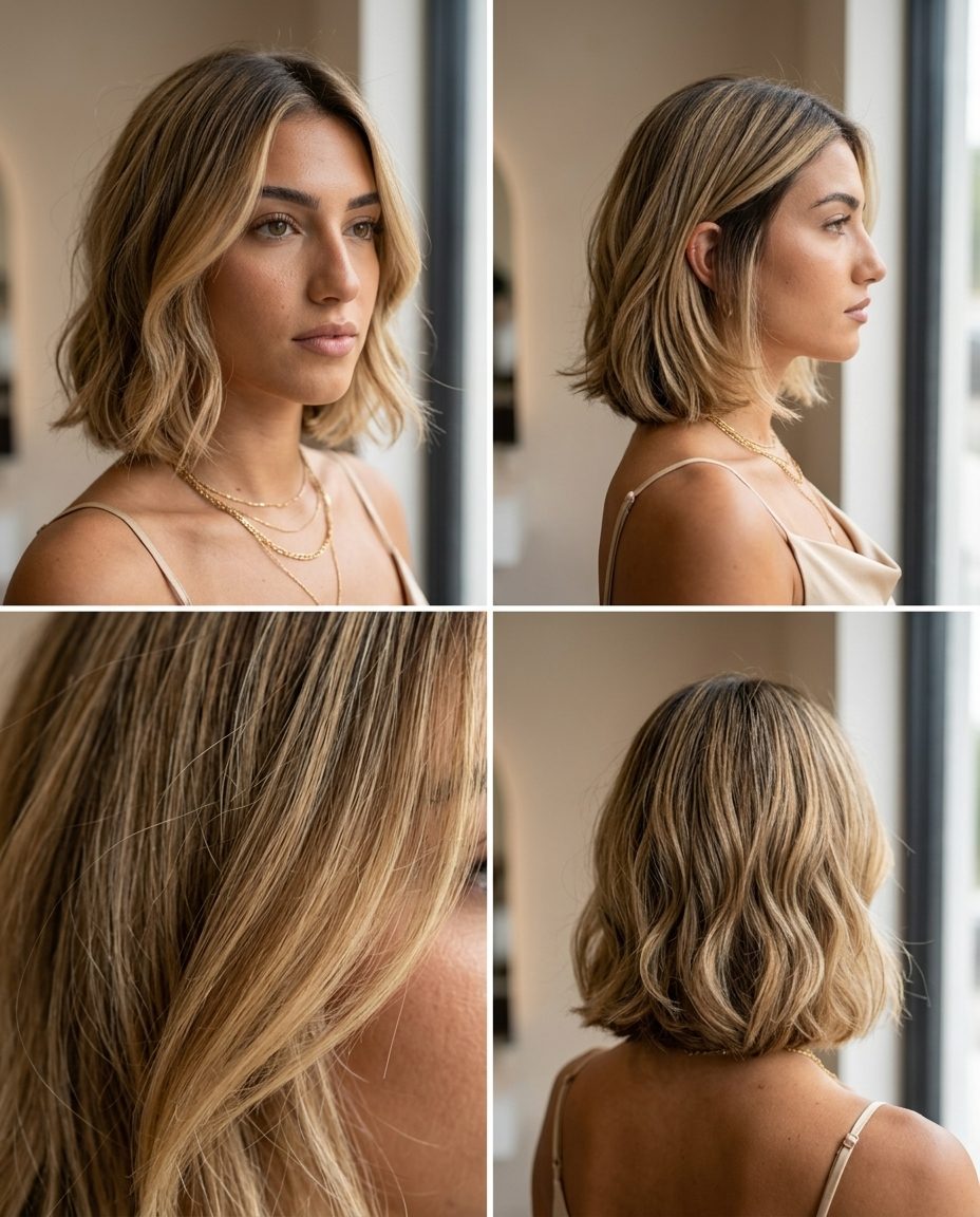 short bob haircut with buttercream blonde and honey babylights for romantic look