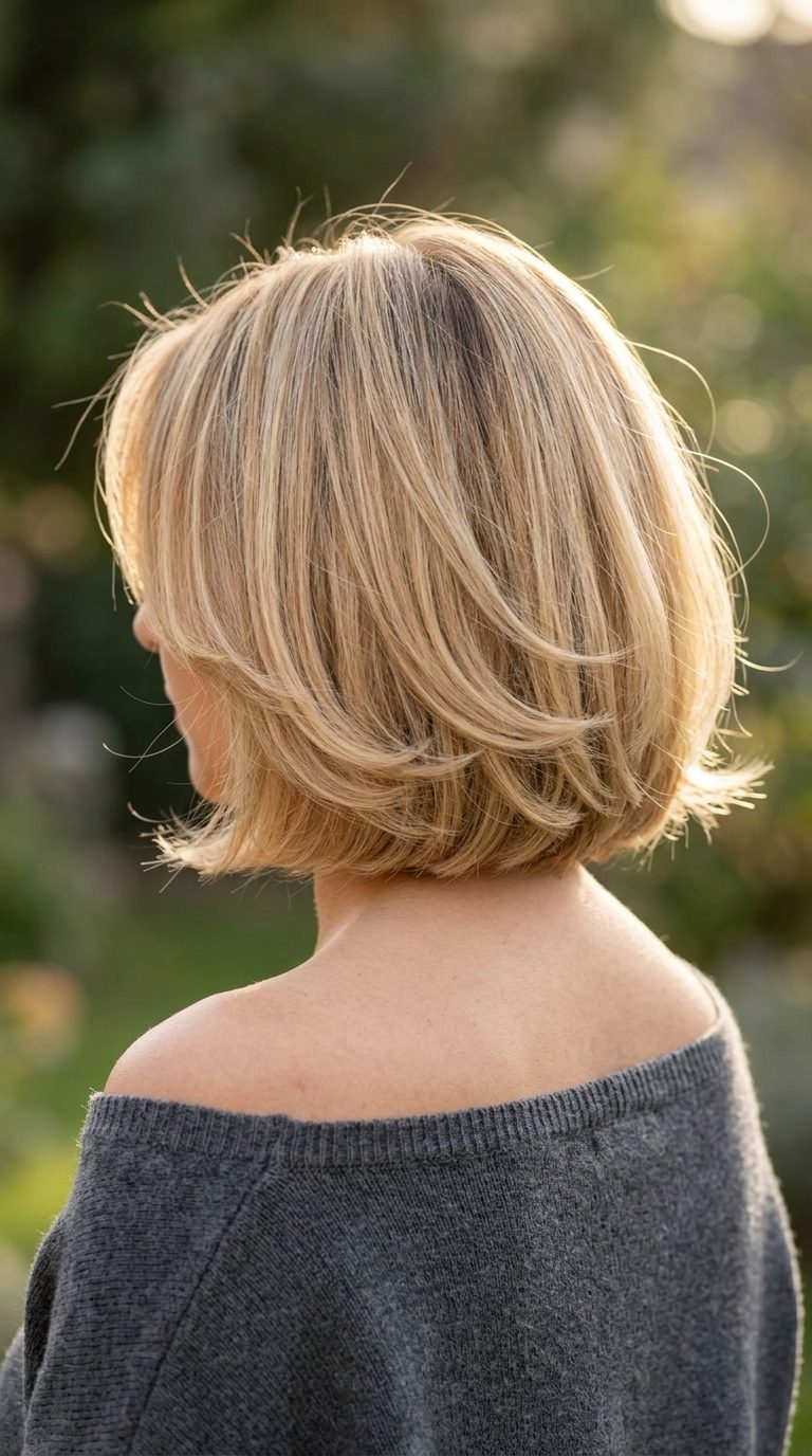 short layered bob haircut in warm buttercream blonde with honey highlights, face-framing layers — soft and romantic