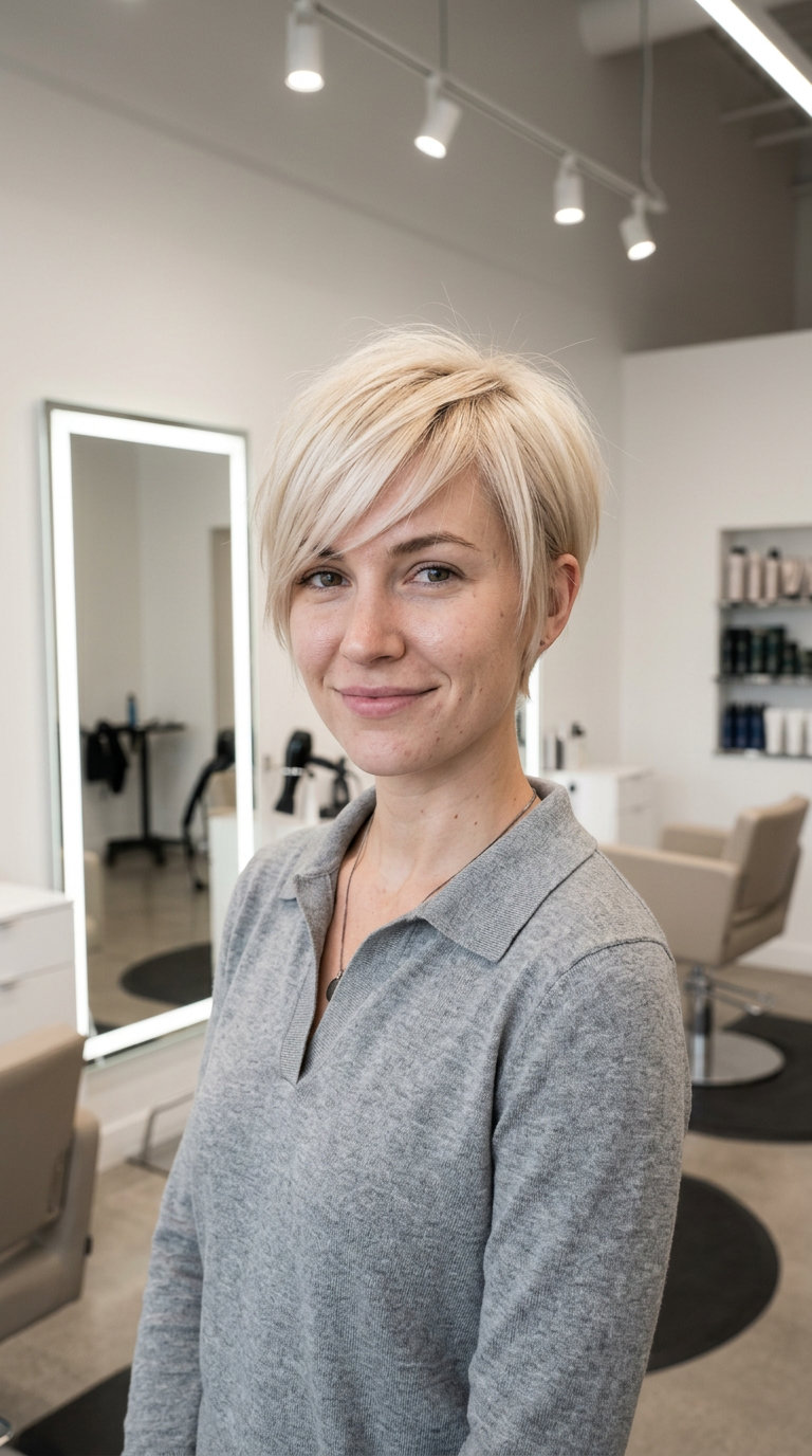 short buttercream blonde pixie cut with champagne highlights and an asymmetrical fringe for playful chic