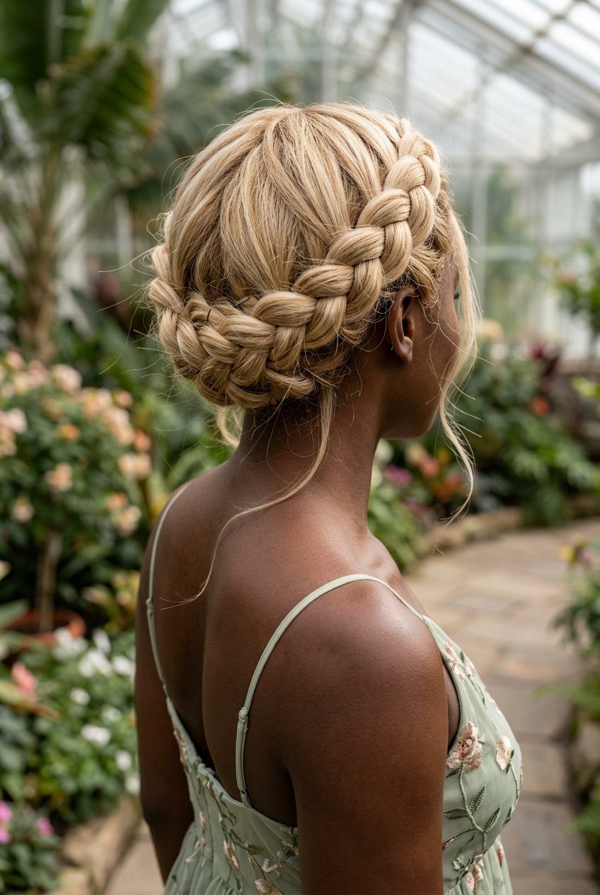 short pixie with buttercream blonde color, braided crown, for garden parties