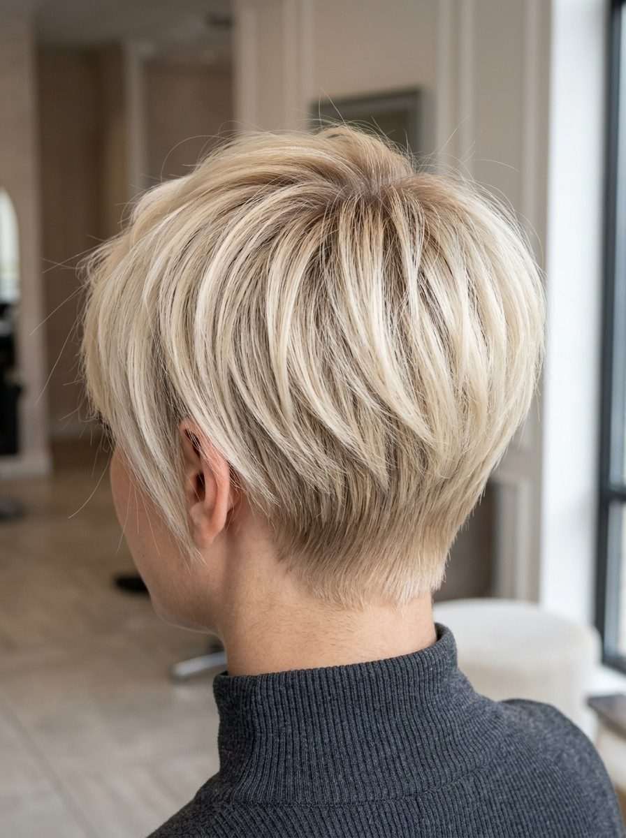 Buttercream Blonde Pixie 2026 short buttercream blonde pixie with pale gold tones, soft root shadow — luxurious everyday style