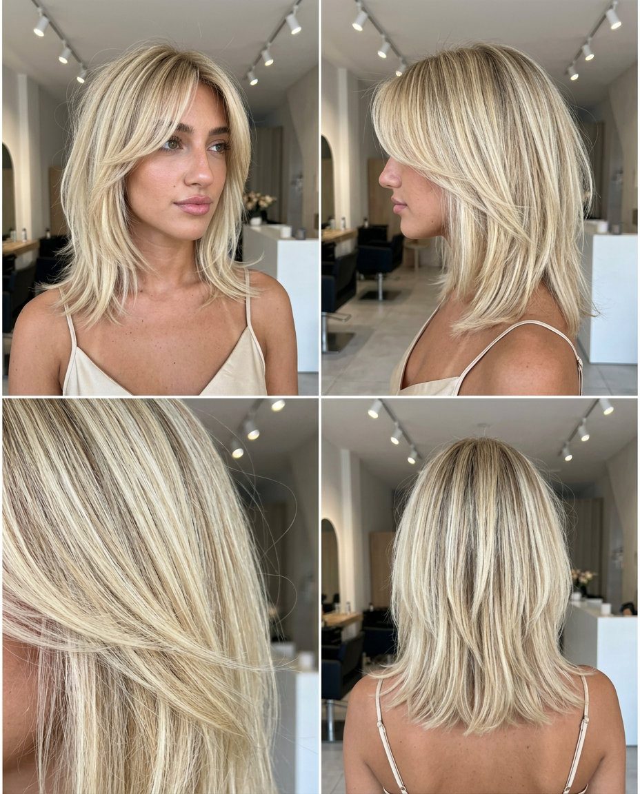 Retro Buttercream Shag 2026: Blonde Goals medium shag buttercream blonde with pale yellow-gold babylights and vanilla root, choppy layers — playful summer festival