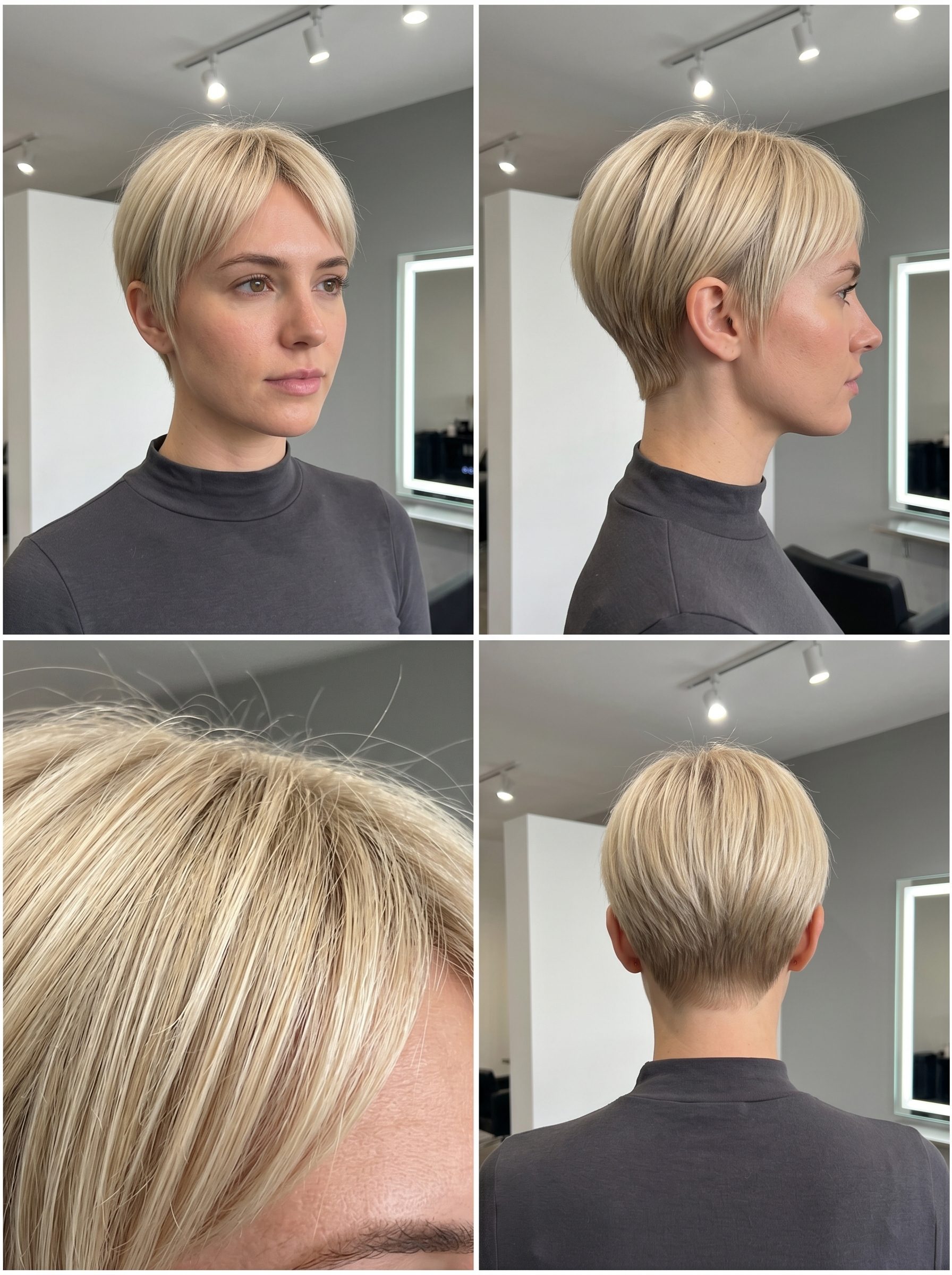 very short pixie haircut with buttercream blonde, blunt cut and sculpted finish for date night