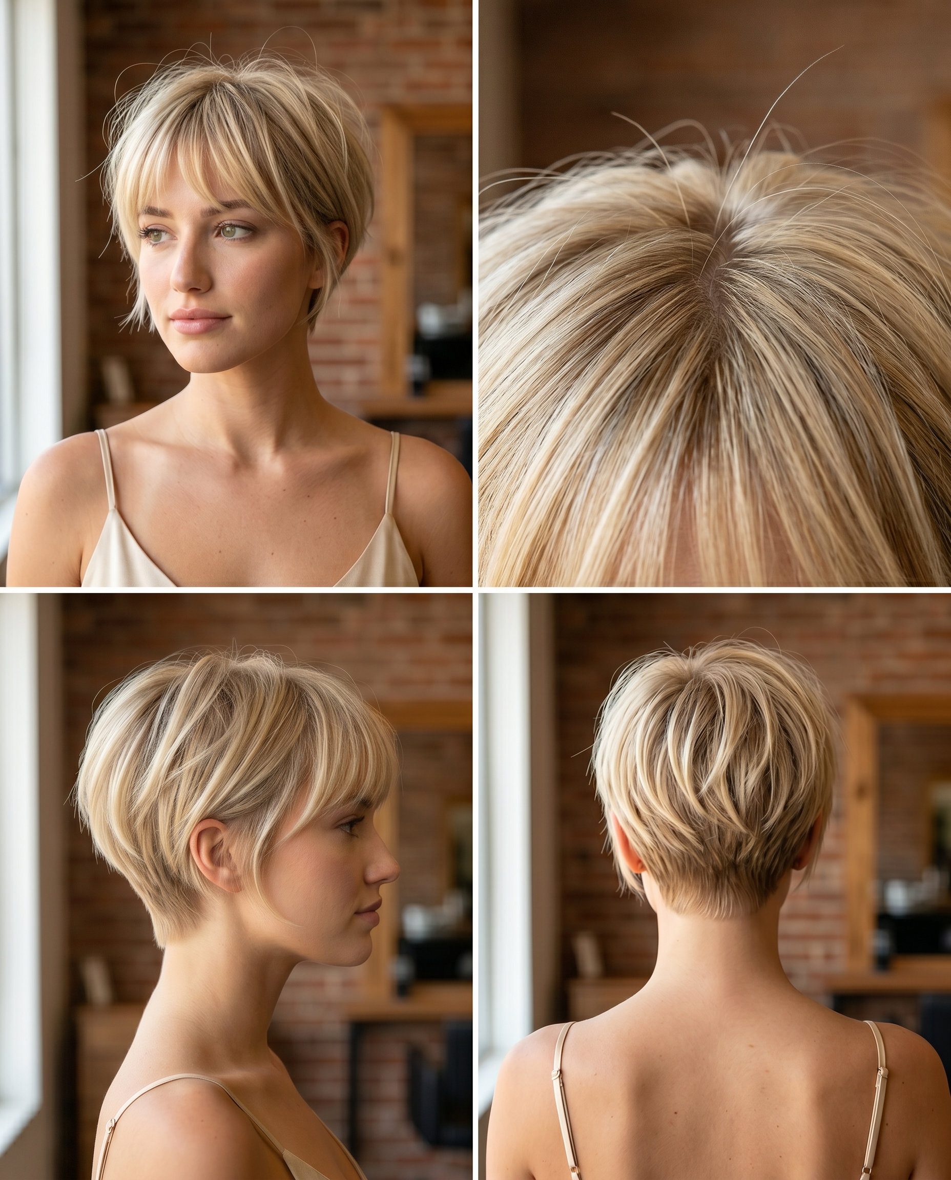 very short pixie haircut with buttercream blonde, honey lowlights and soft fringe for romance