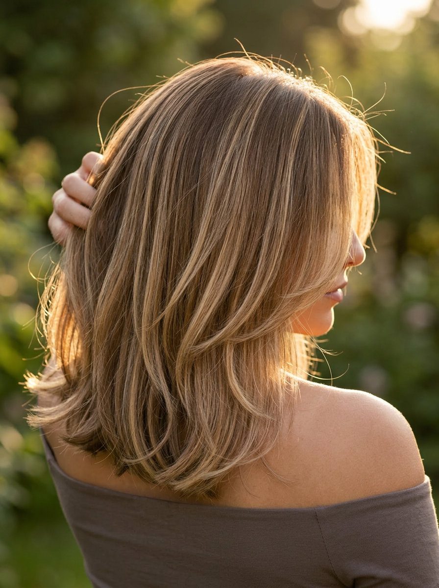 collarbone-length lob medium brown with butterscotch balayage, face-framing layers for chic look