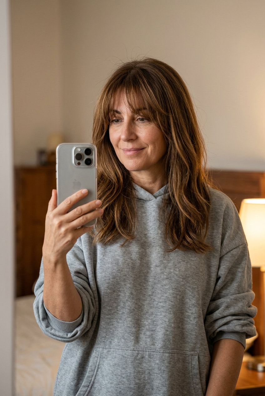 collarbone-length layered haircut in warm butterscotch brunette with caramel balayage, wispy Birkin bangs — romantic and bohemian