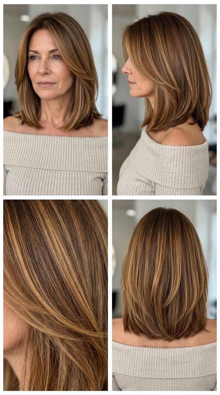 collarbone-length lob haircut in warm butterscotch brunette with caramel balayage, face-framing layers — soft and effortless