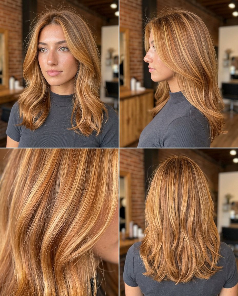 long butterscotch copper balayage with creamy yellow-gold and fine babylights for sunny days