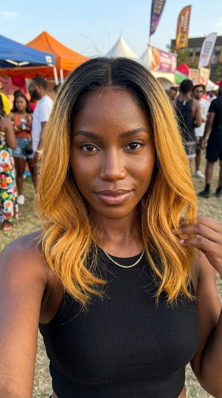 blunt cut honey blonde hair color with butterscotch dip-dye, color block technique for edgy look