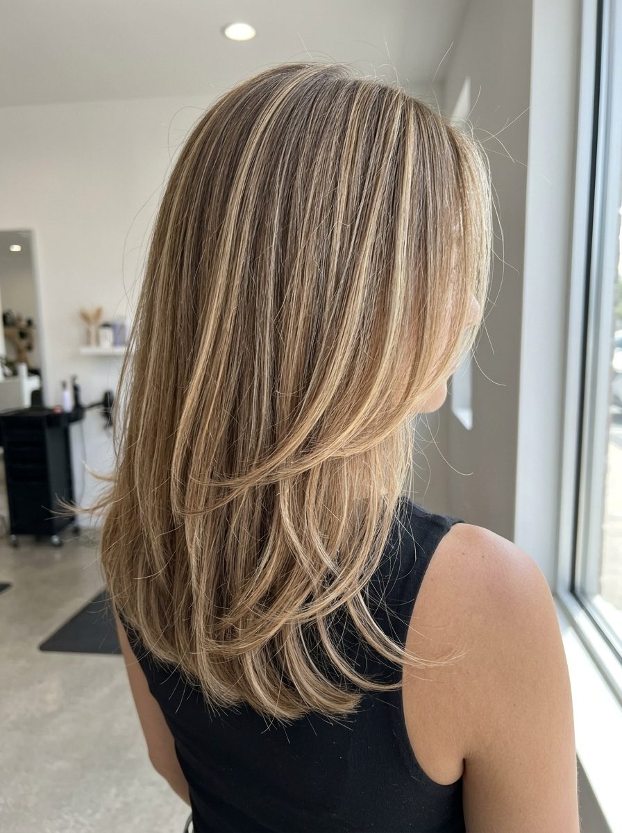 long butterscotch money piece with creamy honey, foil highlights, layered cut — bold radiant social event hair