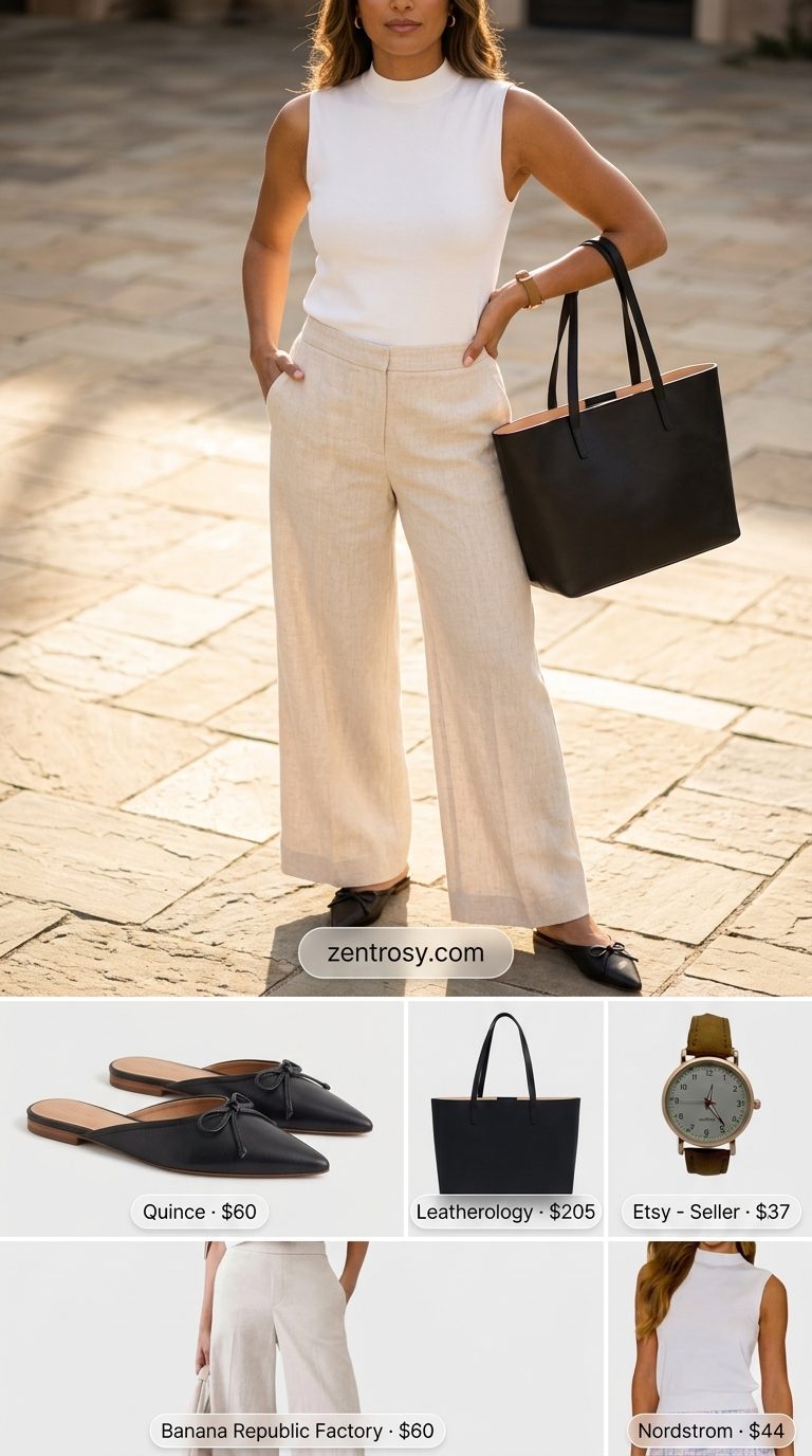 Sophisticated Linen Trousers 2026 Camel wide-leg linen trousers with a cream knit top, black mules, and leather tote for daytime events.