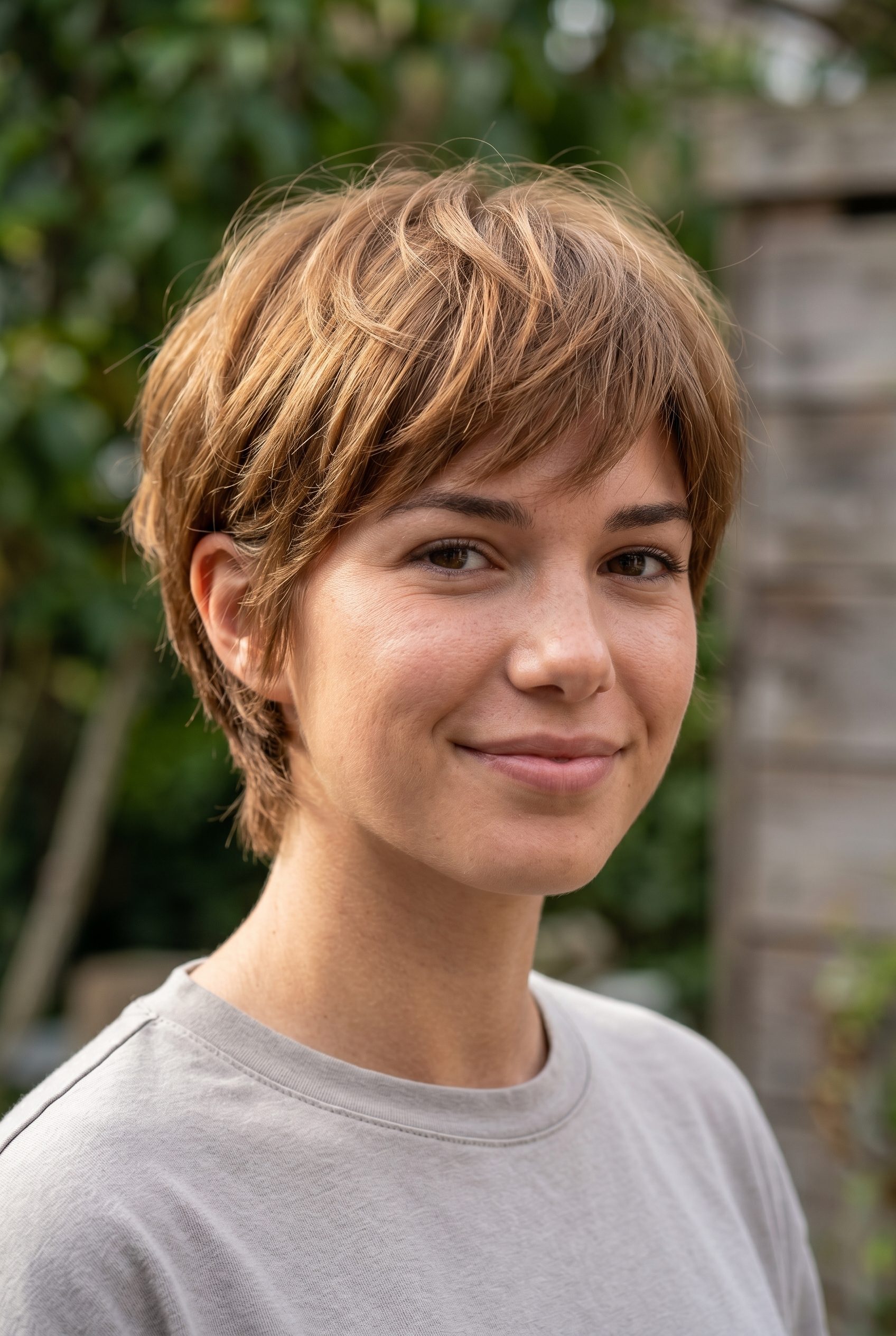 very short pixie haircut with warm caramel brunette, honey babylights, shaggy texture for weekend