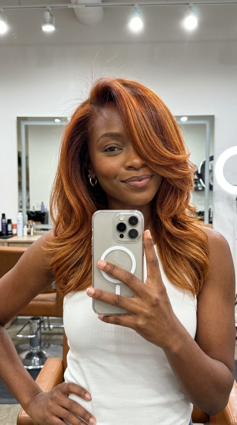 long caramel copper balayage with golden undertones and a dark brunette root for sophistication