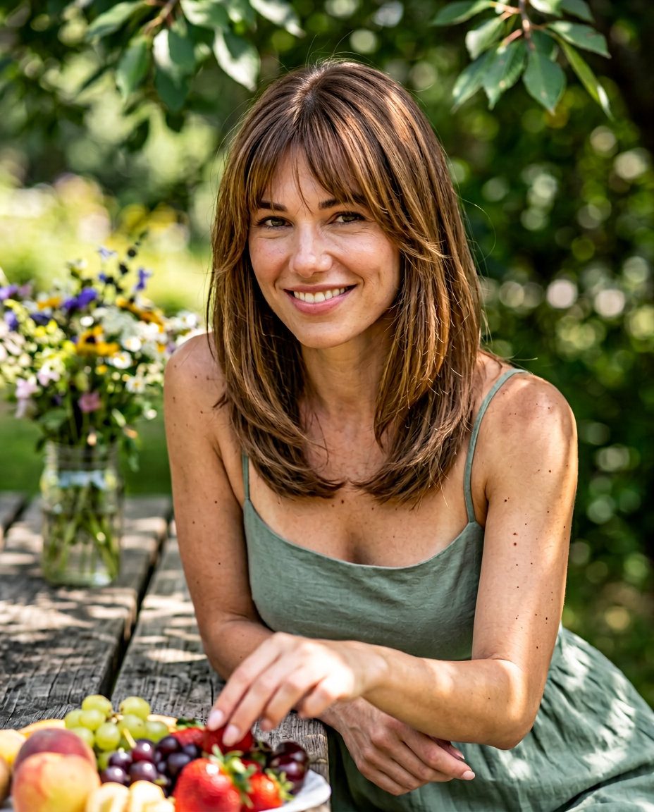 medium collarbone-grazing haircut with warm caramel brown, golden babylights, wispy see-through bangs — effortless casual chic