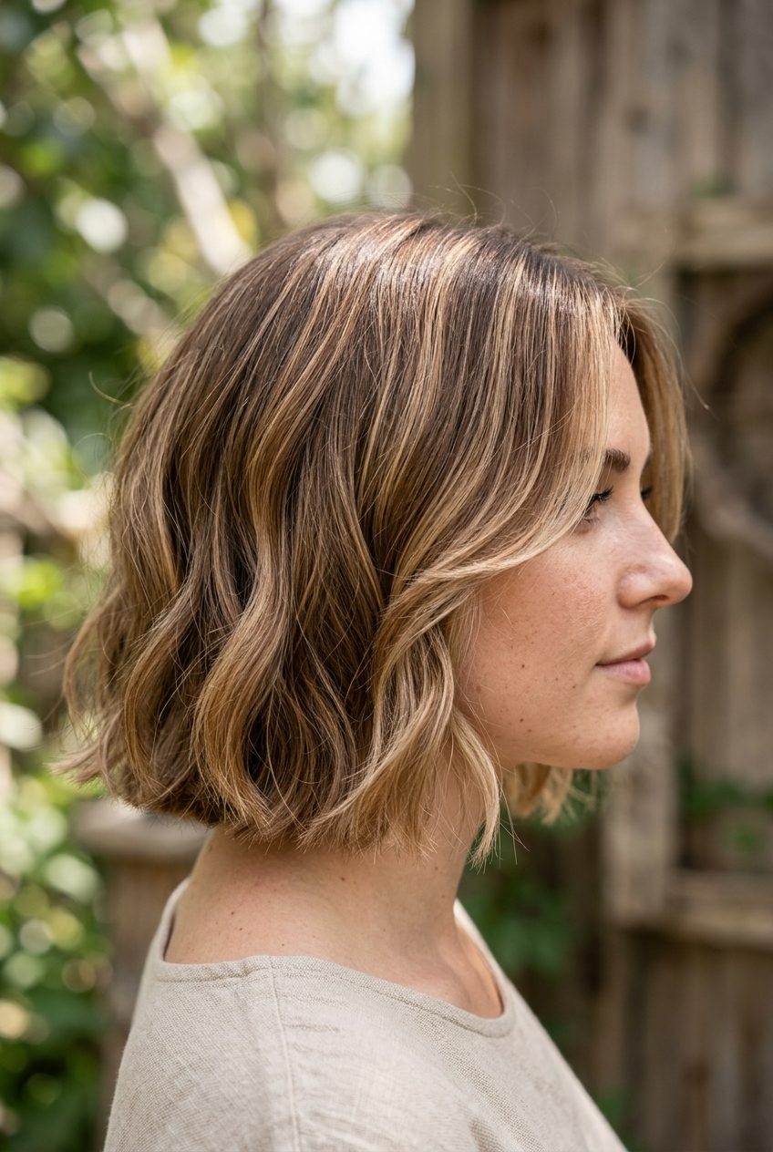 Caramel Balayage Bob 2026: Romantic Summer Grow-Out medium layered bob with caramel balayage, face-framing layers, no fringe — romantic & boho