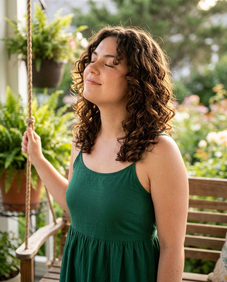medium curly haircut in natural dark brown with caramel gloss, rounded layers, face-framing curls — playful natural