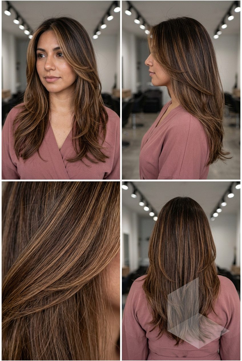 long caramel swirl cascade with money pieces and soft layers for formal events