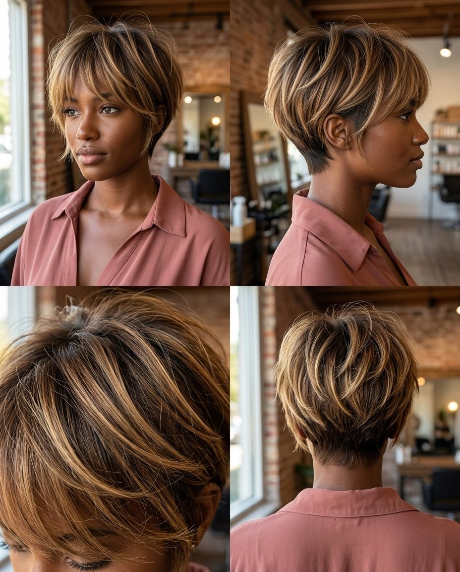 Sun-Kissed Shaggy Pixie 2026 very short shaggy pixie haircut with caramel balayage, piecey fringe — playful bohemian festival