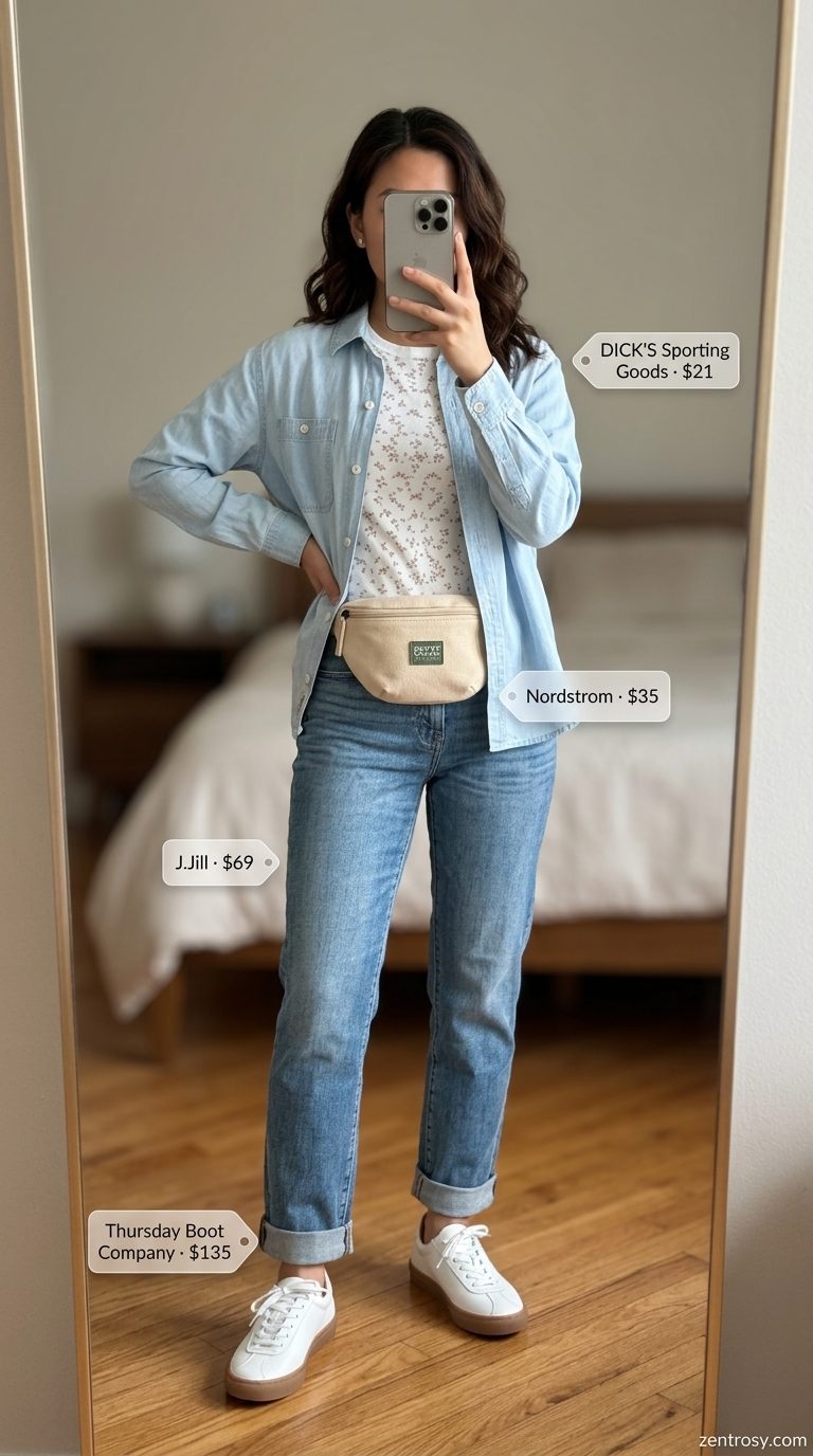 Casual light wash denim jeans outfit for summer dates in 2026. Chambray shirt, white sneakers, and belt bag.