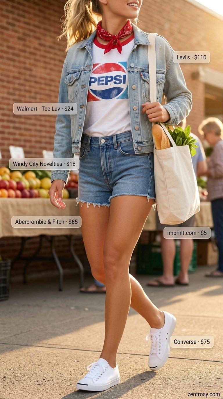 Casual date outfits summer for women 2026: Denim shorts, graphic tee, denim jacket, and bandana for a playful picnic.