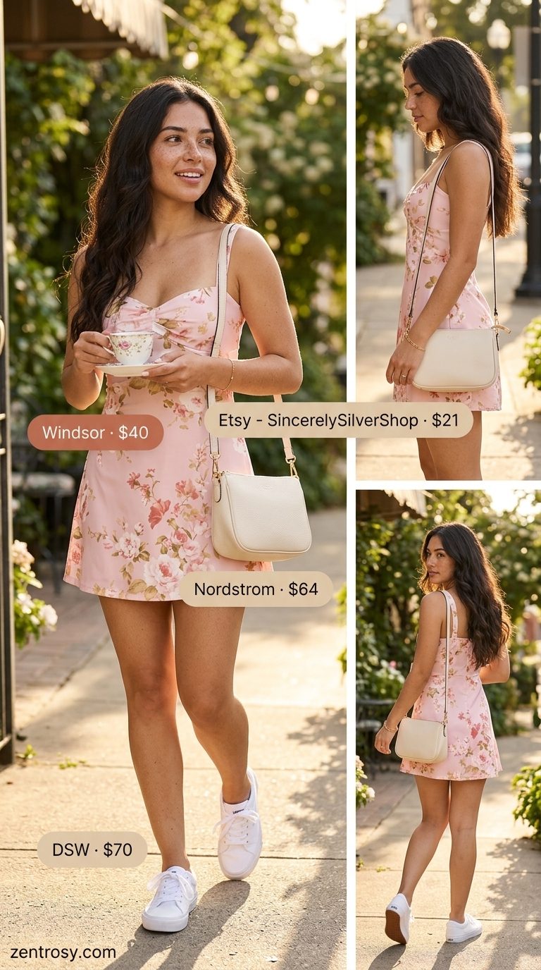 Casual date outfits summer for women 2026: Blush pink floral mini dress, white sneakers, and crossbody bag for brunch.