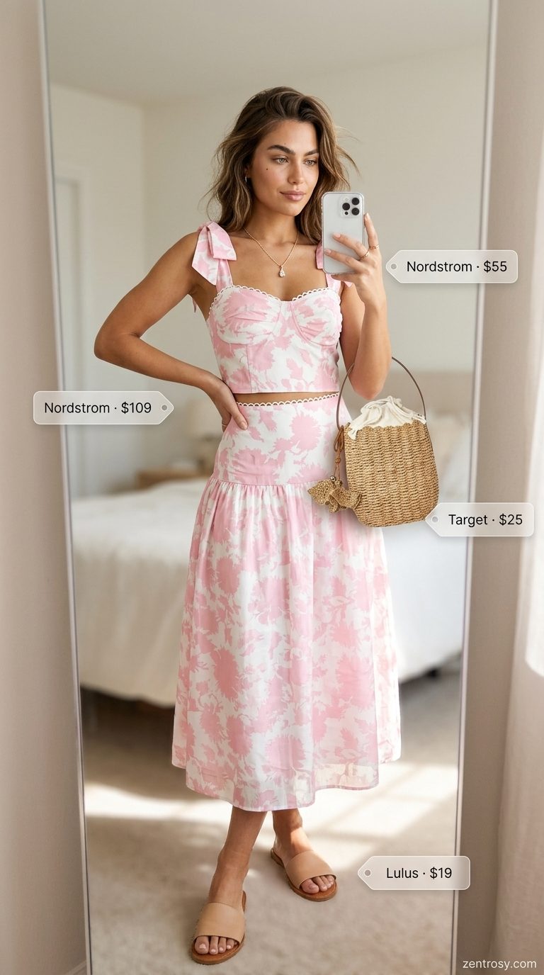 Casual date outfits summer for women 2026: Pastel floral midi skirt set with straw bag and gold necklace.
